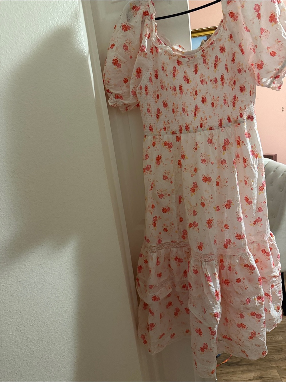 LoveShackFancy White Maxi Dress with Coral Floral Print
